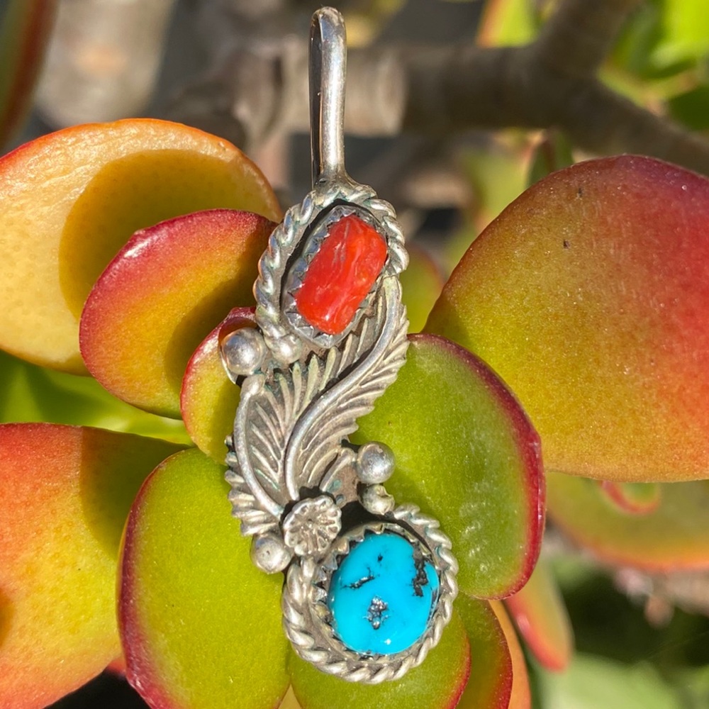 Navajo Red Coral & Turquoise Sterling Pendant